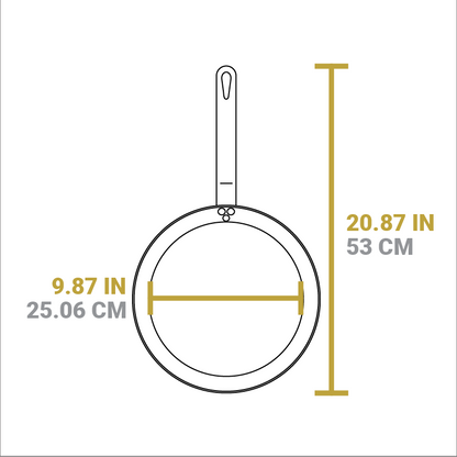 Dimensional drawing of product. Width of cooking surface is 9.87 inches, total length is 20.87 inches.