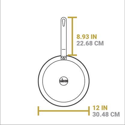 Dimensional drawing of product. Width of skillet is 12 inches, length of handle is 8.93 inches.