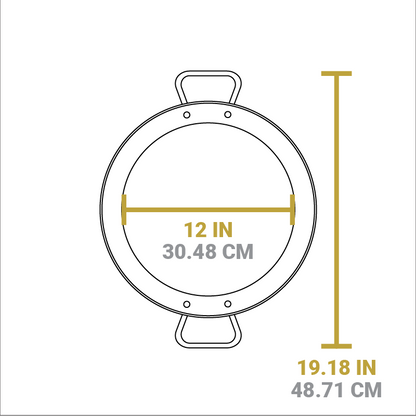 Dimensional drawing of product. Cooking surface width is 12 inches, length from handle to handle it 19.18 inches.