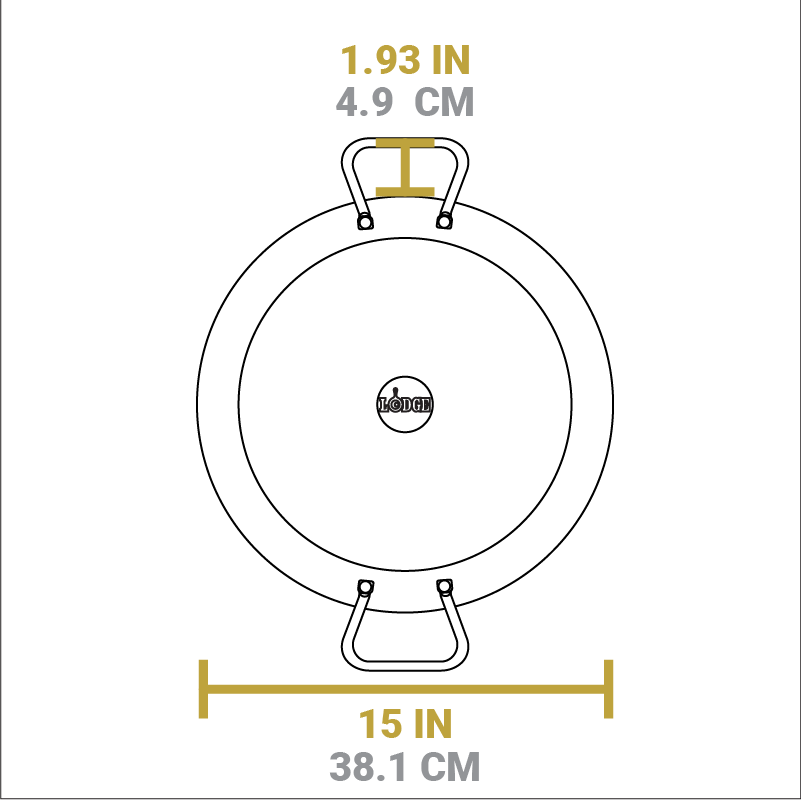 Dimensional drawing of product. Total width is 15 inches, length of handle from pan is 1.93 inches.