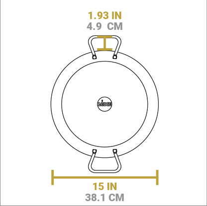 Dimensional drawing of product. Total width is 15 inches, length of handle from pan is 1.93 inches.