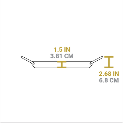 Dimensional drawing of product. Depth of cooking surface is 1.5 inches, total height including handles is 2.68 inches.