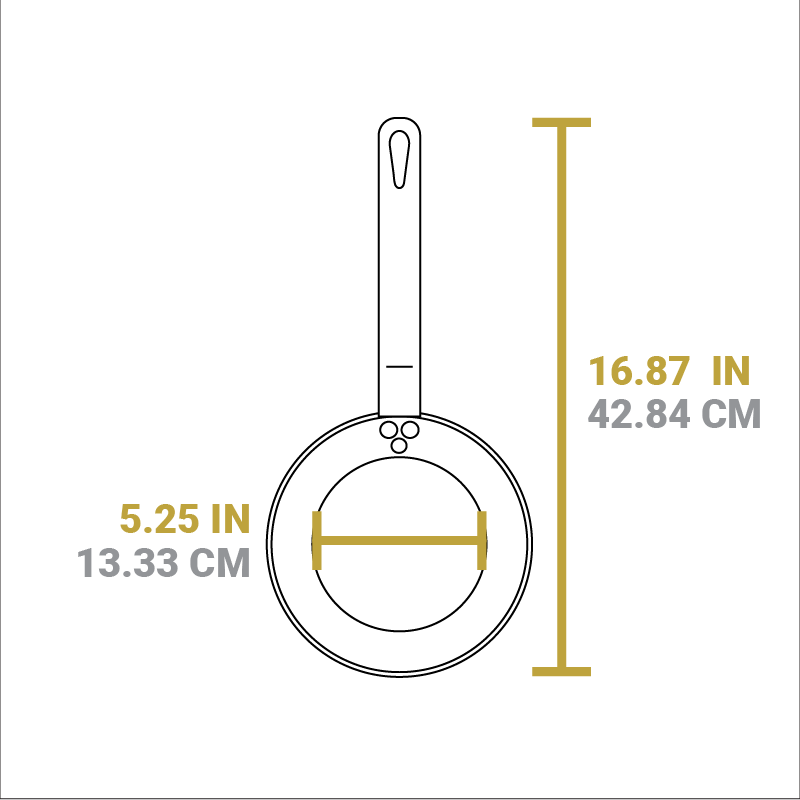 Dimensional drawing of product. Width of cooking surface is 5.25 inches, total length is 16.87 inches.