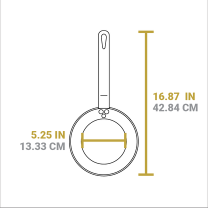 Dimensional drawing of product. Width of cooking surface is 5.25 inches, total length is 16.87 inches.