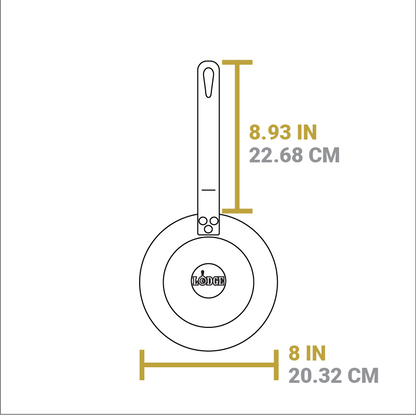 Dimensional drawing of product. Width of skillet is 8 inches, length of handle is 8.93 inches.