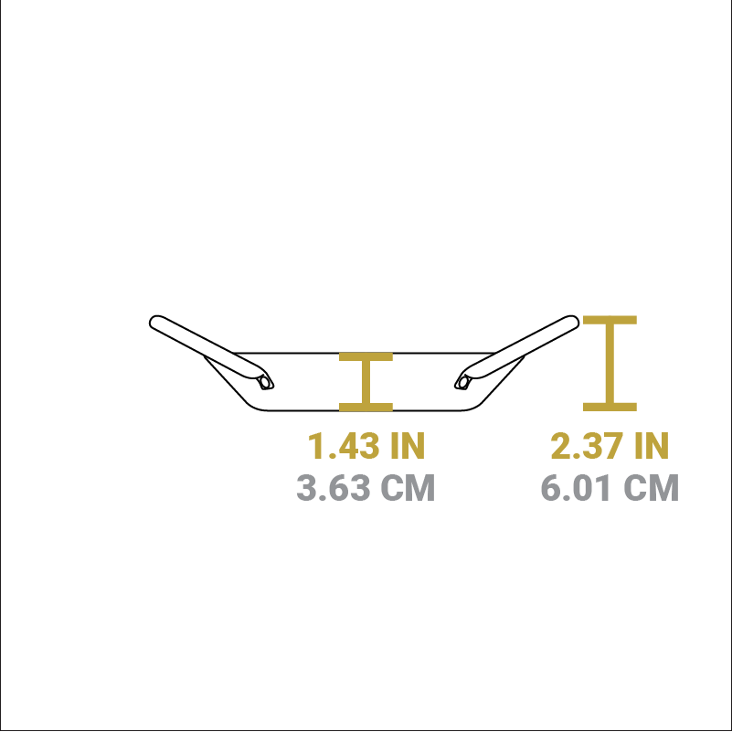 Dimensional drawing of product. Depth of cooking surface is 1.43 inches, total height including handles is 2.37 inches.