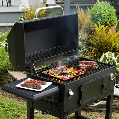 Veggies roasting on grill with basket while steak cooks nearby.
