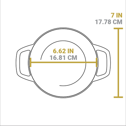 Dimensional drawing of product. Total length is 7 inches, total width of cooking surface is 6.62 inches.