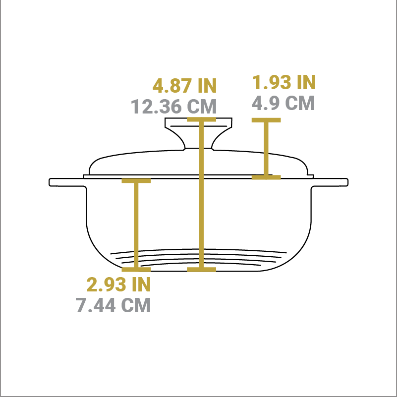 Dimensional drawing of product. Total height including lid knob is 4.87 inches, height of cooking surface is 2.93 inches, height of lid is 1.93 inches.