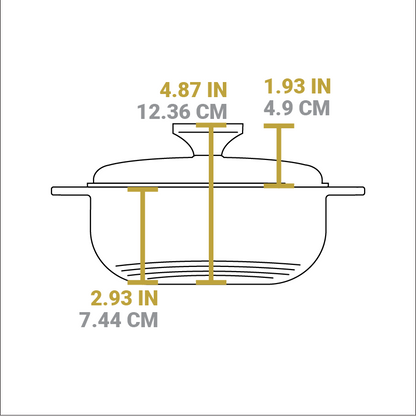Dimensional drawing of product. Total height including lid knob is 4.87 inches, height of cooking surface is 2.93 inches, height of lid is 1.93 inches.
