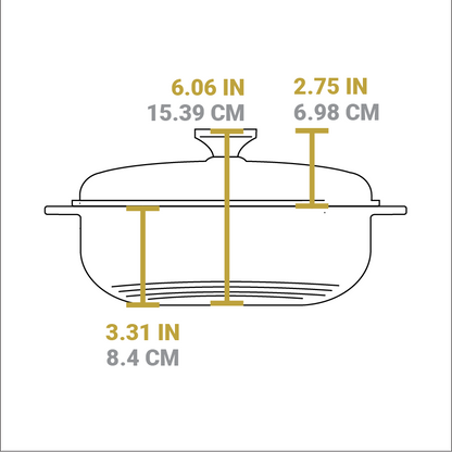Dimensional drawing of product. Total height including lid knob is 6.06 inches, height of cooking surface is 3.31 inches, height of lid is 2.75 inches.