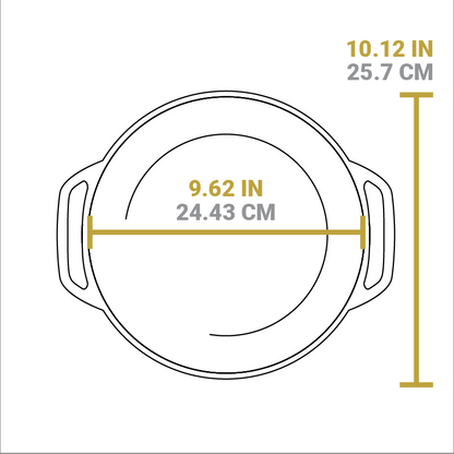 Dimensional drawing of product. Total length is 10.12 inches, total width of cooking surface is 9.62 inches.
