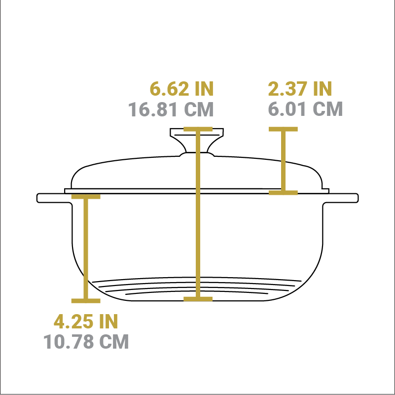 Dimensional drawing of product. Total height including lid knob is 6.62 inches, height of cooking surface is 4.25 inches, height of lid is 2.37 inches.