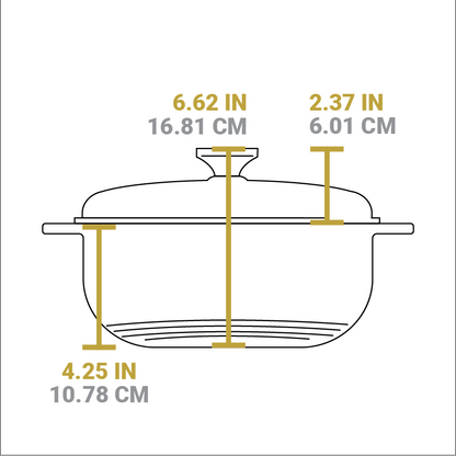 Dimensional drawing of product. Total height including lid knob is 6.62 inches, height of cooking surface is 4.25 inches, height of lid is 2.37 inches.