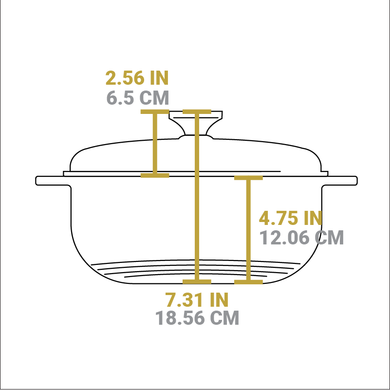 Dimensional drawing of product. Total height including lid knob is 7.31 inches, height of cooking surface is 4.75 inches, height of lid is 2.56 inches.