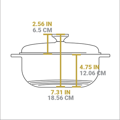 Dimensional drawing of product. Total height including lid knob is 7.31 inches, height of cooking surface is 4.75 inches, height of lid is 2.56 inches.