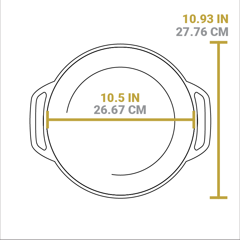 Dimensional drawing of product. Total length is 10.93 inches, total width of cooking surface is 10.5 inches.