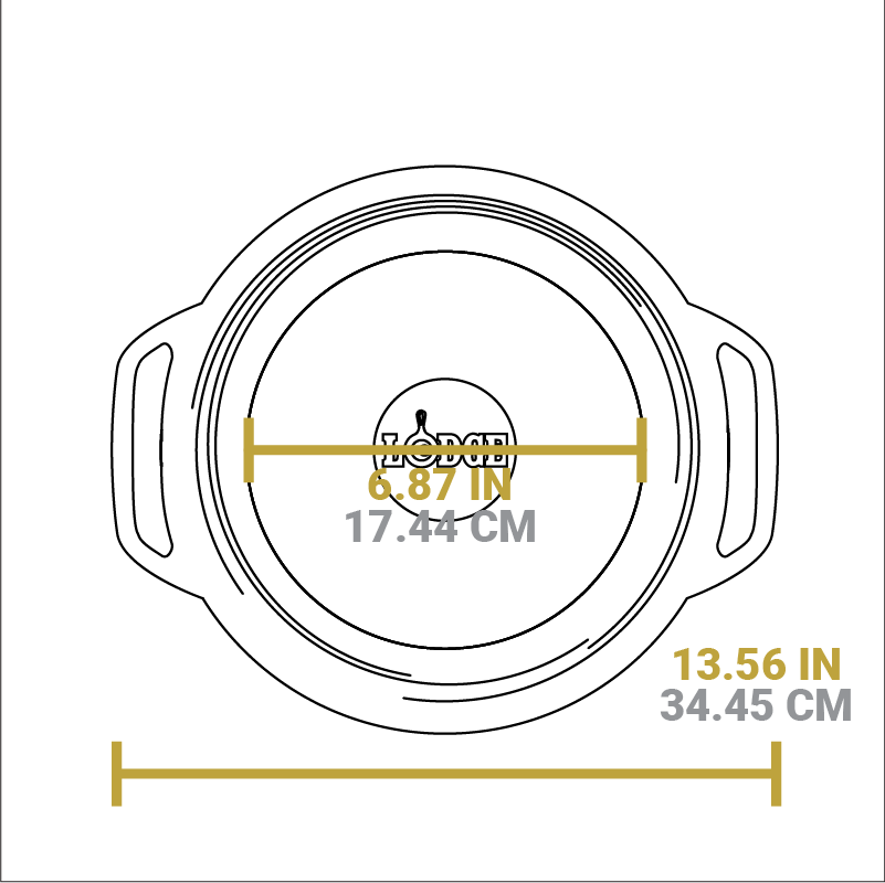 Dimensional drawing of product. Total width handle to handle is 13.56 inches, width of flat bottom is 6.87 inches.