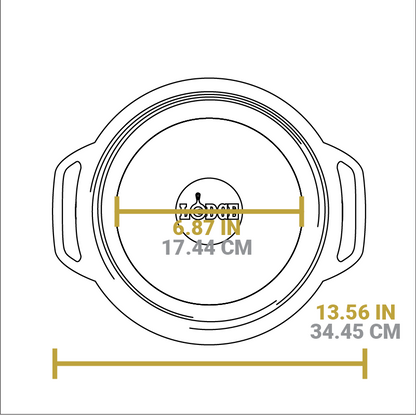 Dimensional drawing of product. Total width handle to handle is 13.56 inches, width of flat bottom is 6.87 inches.