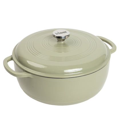 Desert Sage enameled cast iron Dutch oven with lid on a white background