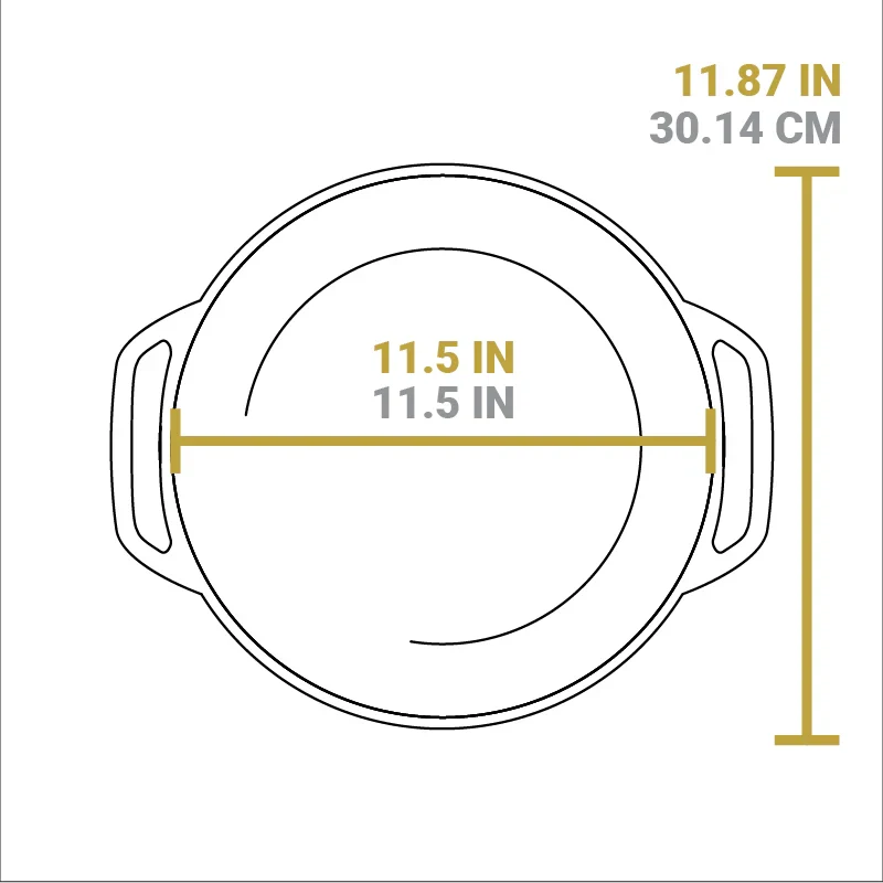 Dimensional drawing of product. Total length is 11.87 inches, total width of cooking surface is 11.5 inches.