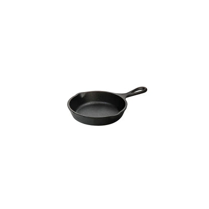 Black skillet with long handle and 2 pour spouts.