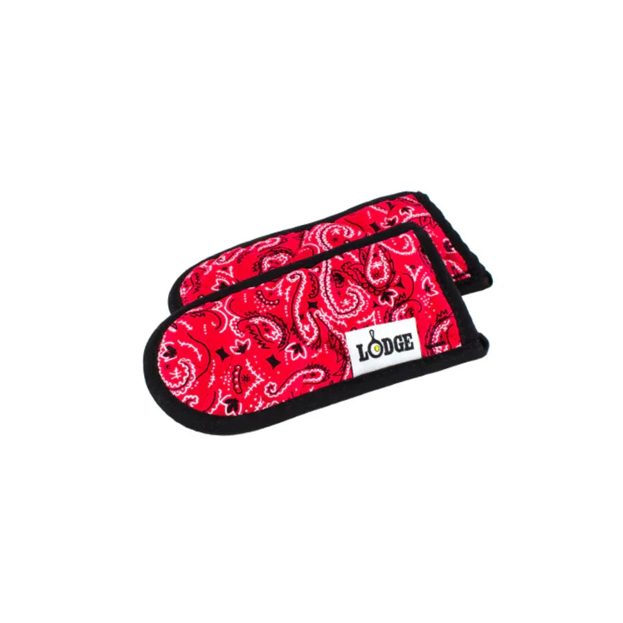 Set of 2 handle holders with red bandana style print and black lining.