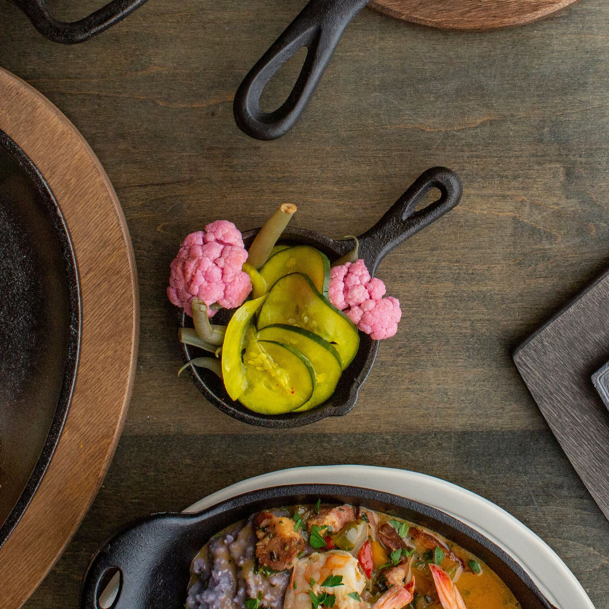 Meal garnish options presented in skillet.