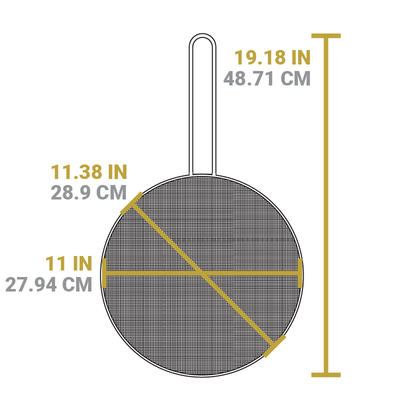 Dimensional drawing of product. Width is 11 inches, diameter is 11.38 inches, and total length with handle is 19.18 inches.