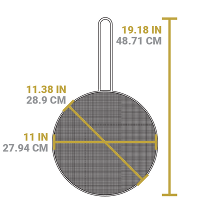 Dimensional drawing of product. Width is 11 inches, diameter is 11.38 inches, and total length with handle is 19.18 inches.