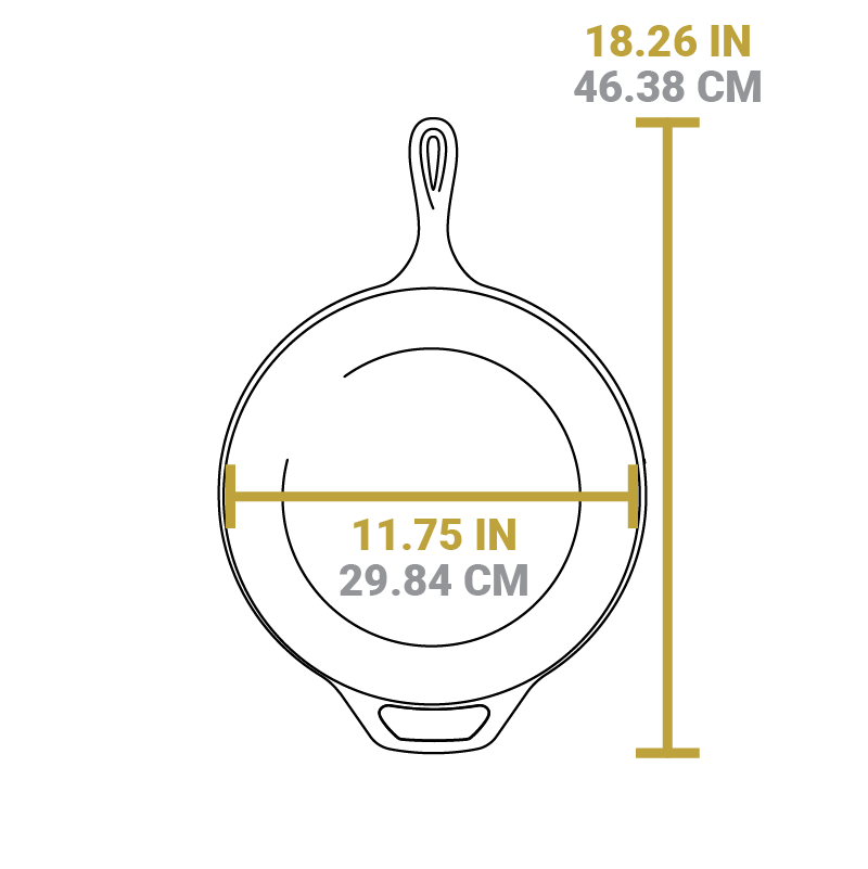 Dimensional drawing of product. Width of cooking surface is 11.75 inches, total length including handles is 18.26 inches.
