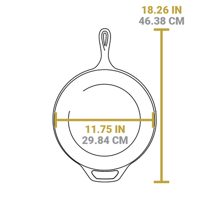 Dimensional drawing of product. Width of cooking surface is 11.75 inches, total length including handles is 18.26 inches.