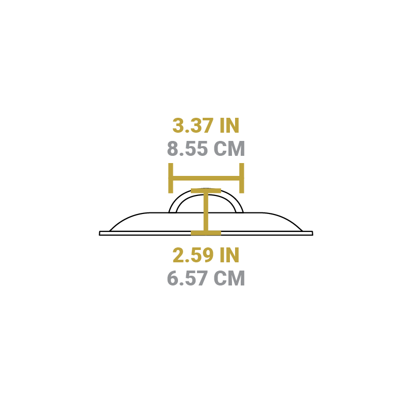 Dimensional drawing of product lid. Total height is 2.59 inches, width of handle is 3.37 inches.