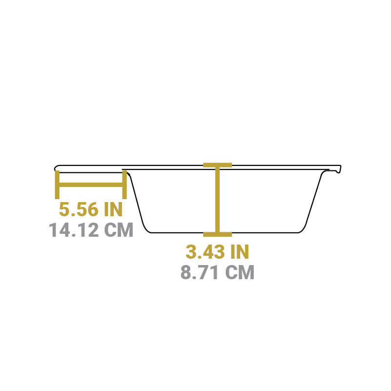 Dimensional drawing of product. Depth is 3.43 inches, length of handle is 5.56 inches.
