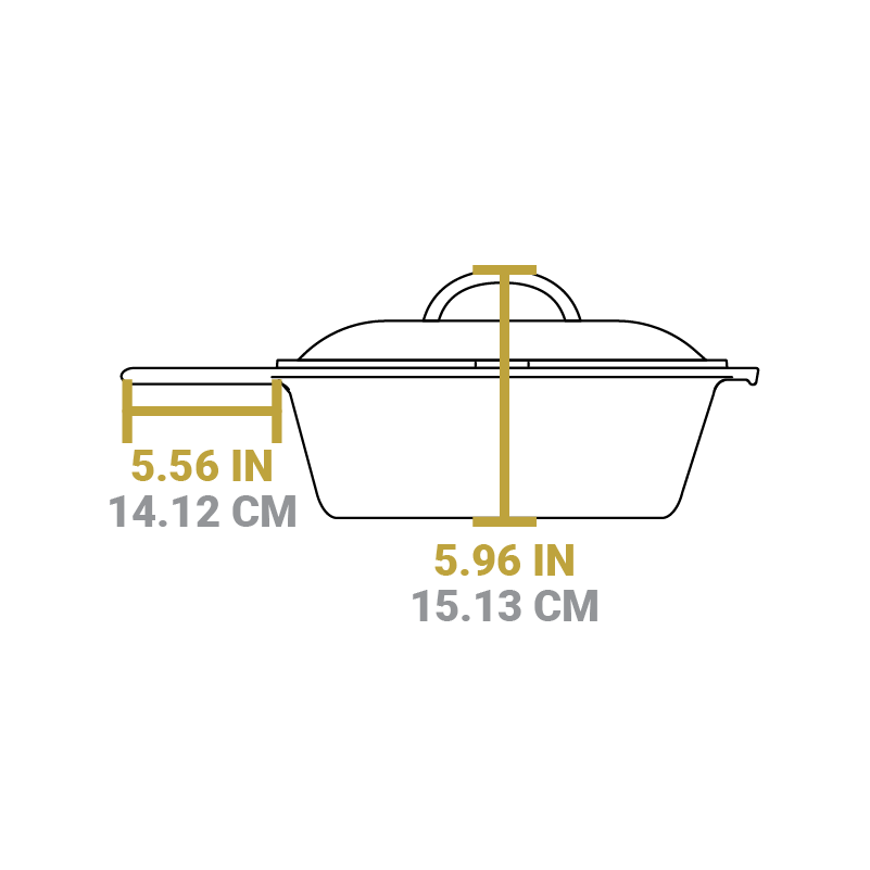 Dimensional drawing of product. Total height with lid is 5.96 inches, length of handle is 5.56 inches.