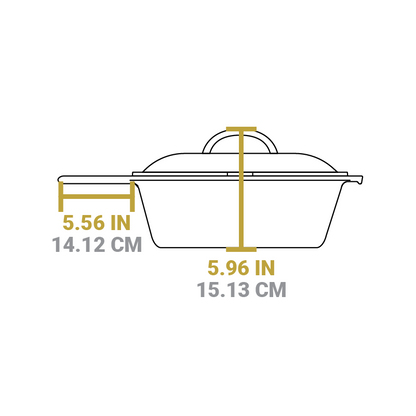Dimensional drawing of product. Total height with lid is 5.96 inches, length of handle is 5.56 inches.