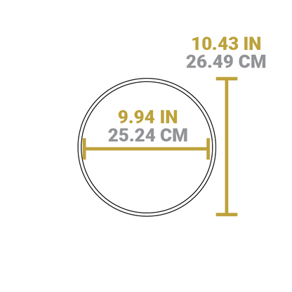 Dimensional drawing of product. Diameter is 9.94 inches, length is 10.43 inches.