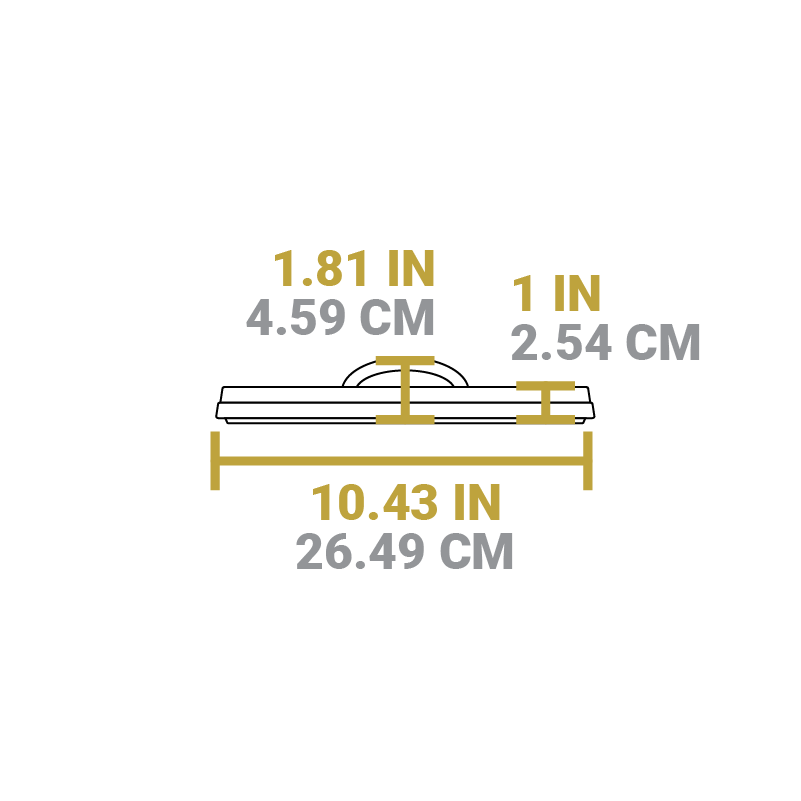 Dimensional drawing of product lid. Total width is 10.43 inches, total height is 1.81 inches, height of lid excluding handle is 1 inch.
