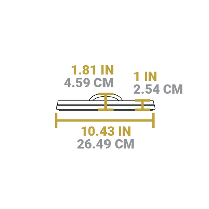 Dimensional drawing of product. Total width is 10.43 inches, height from bottom to top of handle is 1.81 inches, and height of lid portion is 1 inch.