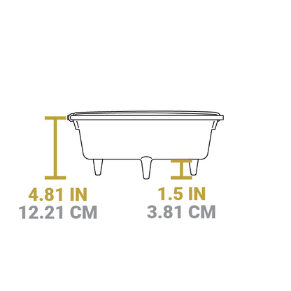 Dimensional drawing of product. Height of dutch oven is 4.81 inches, height of legs is 1.5 inches.