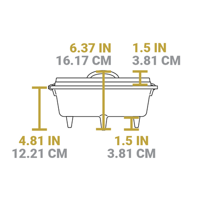 Dimensional drawing of product. Total height is 6.37 inches, height of dutch oven is 4.81 inches, height of legs is 1.5 inches, and height of lid is 1.5 inches.