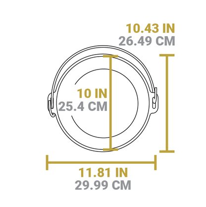 Dimensional drawing of product lid. Total width is 11.81 inches, total length including handle is 10.43 inches, diameter of lid is 10 inches.