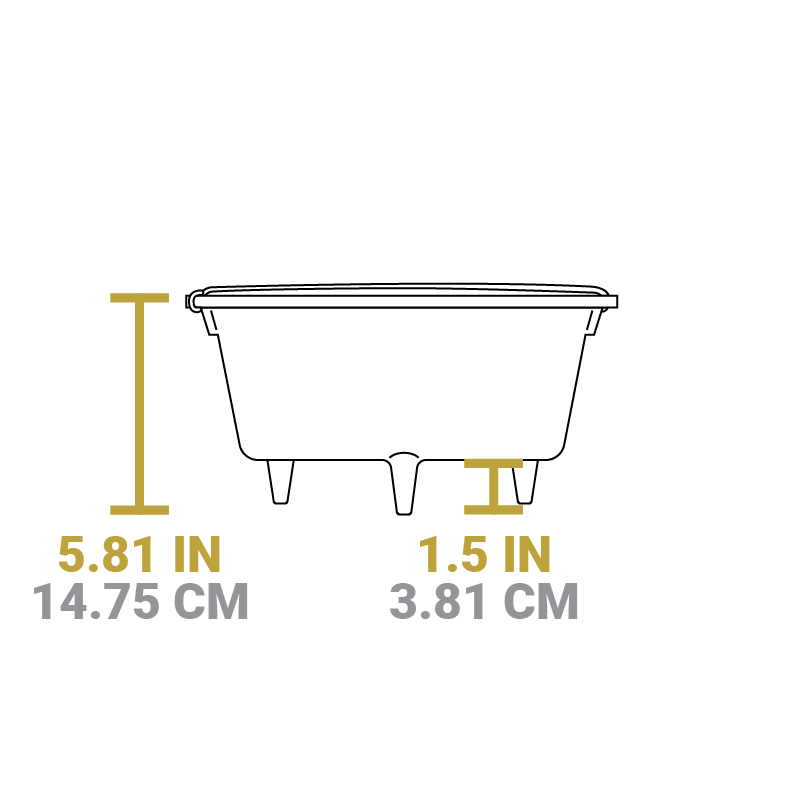 Dimensional drawing of product. Height of dutch oven is 5.81 inches, height of legs is 1.5 inches.