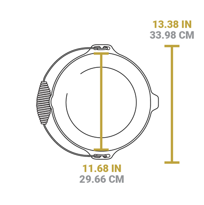Dimensional drawing of product. Width of cooking surface is 11.68 inches, total length is 13.38 inches.