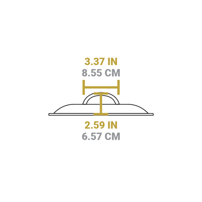 Dimensional drawing of product lid. Total height is .2.59 inches, width of handle is 3.37 inches.