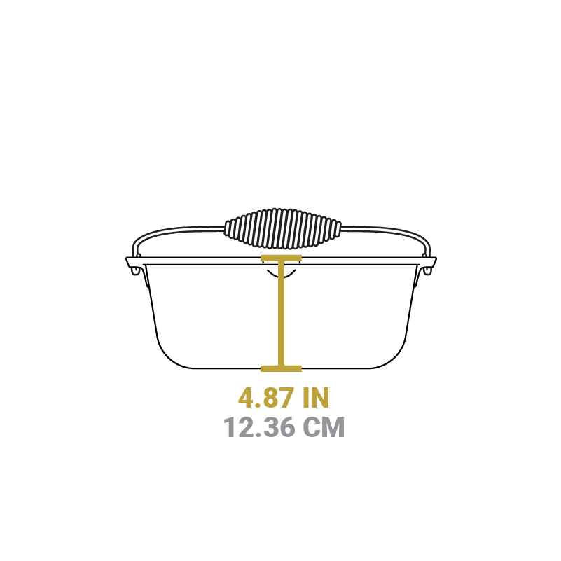 Dimensional drawing of product. Height of dutch oven is 4.87 inches.