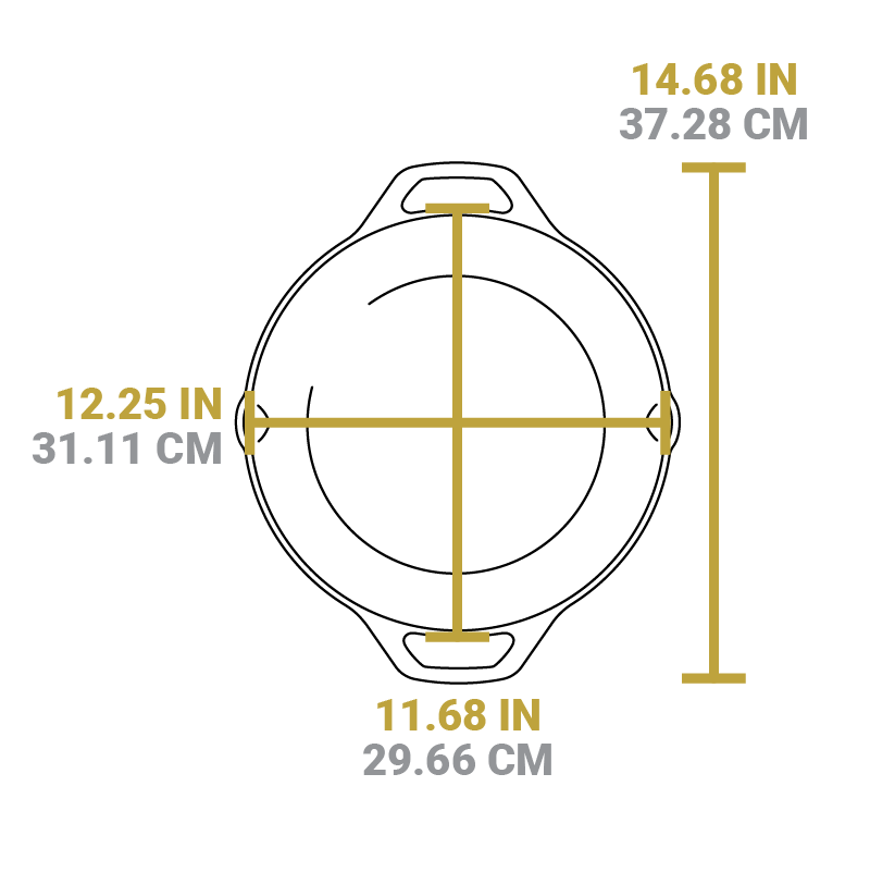 Dimensional drawing of product. Width of dutch oven cooking surface is 11.68 inches, total width from handle to handle is 14.68 inches, and length from pour spout to pour spout is 12.25 inches.