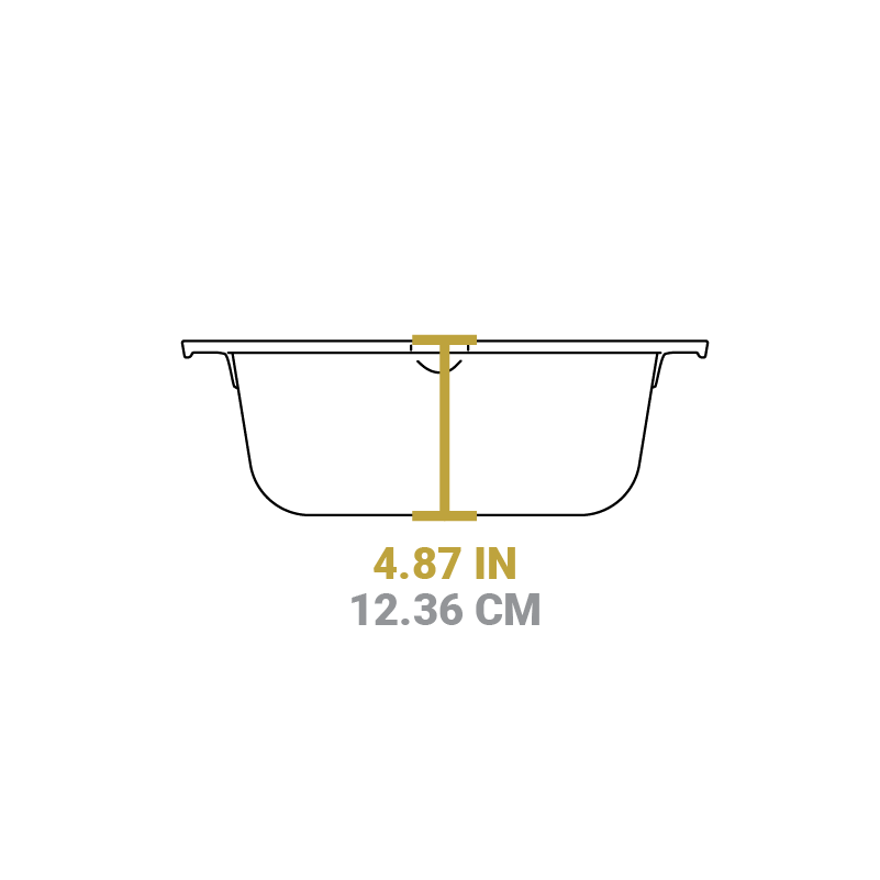 Dimensional drawing of product. Depth of dutch oven is 4.87 inches.