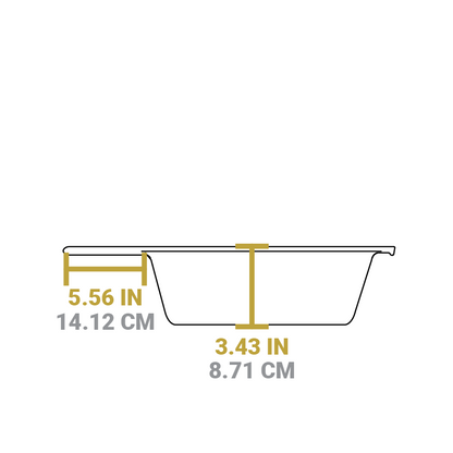 Dimensional drawing of product. Depth is 3.43 inches, length of handle is 5.56 inches.