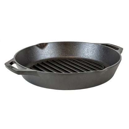 Round grill pan with 2 loop handles and 2 pour spouts.